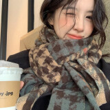 妆羽婉围巾女秋冬季新款韩版百搭加厚保暖高级感披肩两用千鸟格流苏围脖 格子小白标牛仔蓝
