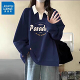 真维斯（Jeanswest）黑色翻领polo长袖卫衣女春秋百搭外套2026新款宽松美式慵懒风上衣 藏青 海洋天堂 L