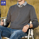 罗蒙假两件针织衫男士2026春季长袖内搭拼接衬衫领毛线衣v领男款毛衣 深灰色 V领 2XL (140-160斤)