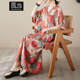 简当（JIANDANG）大码女装夏V领薄款宽松文艺度假风沙滩裙复古遮肉长款连衣裙5847 西瓜红 大码均码【120-190斤】