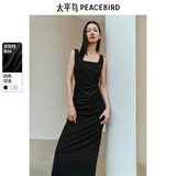太平鸟方领无袖气质吊带连衣裙夏收腰黑色赫本风裙子 黑色1 M