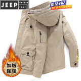 JEEP SPIRIT男士外套纯棉连帽夹克男冬季加绒加厚青年大码保暖冬装中长款外衣 米白色 L 110-125斤