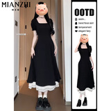 棉致赫本风黑色法式短袖连衣裙女夏季新款显瘦广州十三行温柔风长裙 黑色长款【1595高品质29.5】 L 100-115斤