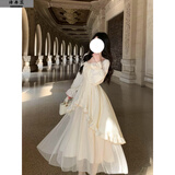 诗丹蕊法式初恋甜美气质长袖连衣裙子女春夏新款温柔风仙气公主风长裙子 杏色 均码 可备注码数