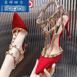 昌祥回力三环铆钉高跟鞋2024秋季新款网红尖头细跟凉鞋一字扣带单鞋女 红色/Red 38