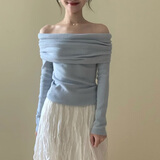 南木熊毛衣女春秋薄款一字肩针织衫上衣露肩气质甜美小众露锁骨打底衫 蓝色 均码【80-120斤】