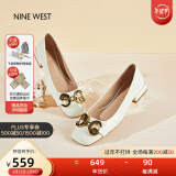 NINE WEST/玖熙低跟单鞋牛漆皮浅口方头金属饰扣工作女鞋N112010039 米白38