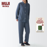 无印良品 MUJI 女式无侧缝双层纱织睡衣纯棉全棉 FDA20C1A 女士家居服套装 藏青色X图案 S-M