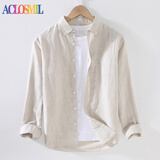 ACLOSMIL春夏装翻领长袖亚麻衬衫男士日系宽松时尚休闲白寸衫棉麻衬衣外套 长袖—原麻色 【9027】 XL