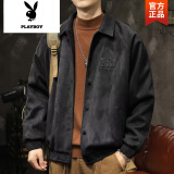 花花公子（PLAYBOY）美式复古经典鹿皮绒翻领棒球服男士宽松潮牌大码春秋装夹克外套男 黑色高质量面料 XL 建议125-150斤