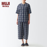 无印良品（MUJI）女式 无侧缝泡泡纱短袖睡衣女士家居服套装夏季纯棉全棉 FDB04C2S 藏青色×图案 M