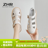 ZHR凉鞋女夏季新品平底编织包头复古罗马鞋真牛皮果冻底运动沙滩拖鞋 米色（搭扣款） 38码