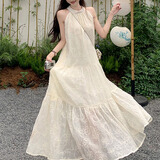 斤慕法式复古挂脖连衣裙女2025新款仙女气质白色蕾丝海边度假长裙 米白色【均码】