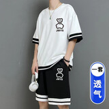 柏乐迪 青少年冰丝短袖t恤男孩12-15岁初高中学生运动套装14中大童夏装 3092-1白色（短袖+短裤） 165 L（ 建议体重98-120斤）