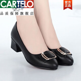 卡帝乐鳄鱼轻奢高档真皮妈妈鞋女单鞋真软皮工作鞋软底舒适粗跟浅口小皮鞋春 黑色金扣:标准码 37:脚宽脚胖大一码