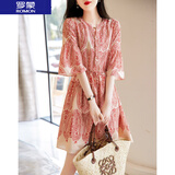 罗蒙（ROMON）  印花雪纺连衣裙女夏季2025新款气质宽松收腰显瘦V领洋气法式裙 红色 L 100-115斤