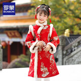 罗蒙女童红色旗袍加绒新年拜年服连衣裙新中式儿童过年演出服 红色130