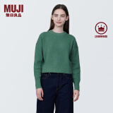 无印良品 MUJI 女式 棱纹编织 圆领短款针织衫 长袖女款 女装 薄款毛衣 绿色 S (155/80A)