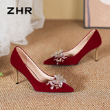 ZHR高跟鞋女中式绒面秀禾婚鞋2026新款新娘鞋子女尖头细跟单鞋女