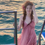 西儿法式粉色度假风露背挂脖吊带连衣裙女海边氛围感拍照仙女沙滩长裙 度假风露背吊带裙粉红色 M 90-105斤
