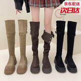 阿猫顿厚底显瘦绒面堆堆弹力靴过膝靴子女2024秋冬新款两穿长筒靴时装靴 黑色(加绒款) 38
