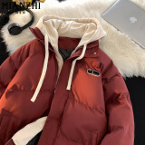 棉致加厚假两件连帽棉服女2024新款棉衣秋冬季外套女面包服棉袄不跑棉 2316红色【高品质】 M 100-120斤