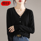 燠阳春秋新款开衫女V领针织衫百搭上衣时尚宽松小外套打底外搭 黑色 XL 【120-140斤】