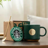 星巴克（Starbucks）杯子墨绿色马克杯星勺陶瓷竖条纹水杯办公室咖啡杯情侣万圣节礼物 墨绿单杯原盒+勺子杯垫