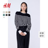 H&M女装针织衫长袖慵懒薄款空调衫上衣服圆领短款小外套开衫0579541 黑色/白色条纹 M 165/96