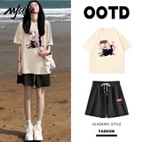 MJ STYLE纯棉短袖T恤短裤套装女2026年夏季宽松时尚清新休闲百搭两件套