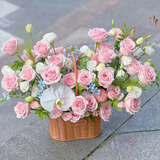 插画鲜花速递向日葵玫瑰手提花篮乔迁之喜送朋友同事亲友全国同城配送 粉玫瑰混搭手提花篮