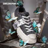 smilerepublic【周深同款】70s金蝶做旧灰流苏低帮厚底板鞋增高帆布鞋 黑色 38