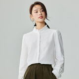 茵曼法式木耳边提花女装立领衬衫t恤洋气显瘦泡泡袖衬衣上衣 白色 L
