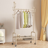 木樽多功能挂衣架落地卧室衣帽架客厅阳台单杆晾衣服移动收纳置物衣架 80cm奶油白 单层网篮+6钩+轮子