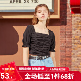 西遇复古方领针织短袖女2024年夏季新款褶皱高腰短款t恤女纯色小个子 黑色(D0300873) S