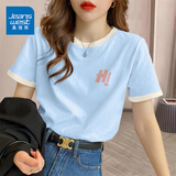 真维斯（JEANSWEST）t恤女夏季装新款纯棉短袖上衣服女装宽松撞色休闲慵懒风正肩半袖 天蓝 线条HI粉_K M