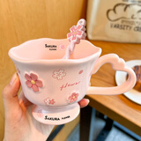 参拾忆高颜值樱花陶瓷杯创意杯子咖啡杯马克杯家用女生杯子节假日礼物盒 粉高脚樱花杯【樱花勺-礼盒】