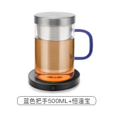 尚明耐热玻璃泡茶杯茶水分离不锈钢过滤办公茶杯带盖带把透明水杯家用 蓝把500ml+恒温宝