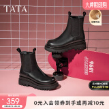 他她（TATA）英伦风切尔西靴女显瘦加绒厚底烟筒靴时装靴冬新GXB01DD3 黑色（单里） 36