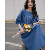 德玛纳【克莱因蓝】夏季松弛感纯棉泡泡袖宽松腰遮肉中长款女式连衣裙