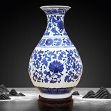 傲世景德镇陶瓷器青花瓷花瓶工艺品客厅摆件玄关办公室博古架装饰品 青花缠枝莲玉壶春+底座+证书