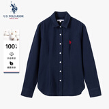 U.S. POLO ASSN.长袖衬衫女纯色防走光商务休闲纯棉白衬衣春秋通勤翻领女外套上衣
