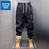 真维斯加绒加厚男士牛仔裤2026年秋冬季御寒保暖带绒外穿男装束脚哈伦裤 K009黑色加绒 XL