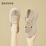 达芙妮厚底松糕休闲鞋女镂空透气小个子增高舒适百搭软底女鞋 杏色  35 