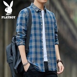 花花公子（PLAYBOY）长袖衬衫男宽松秋冬季潮流格子衬衫男士休闲衬衣外套 蓝灰  XL