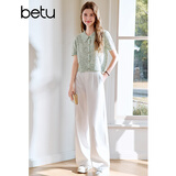 百图betu女装2025夏季新款毛针织衫时髦镂空精致纽扣亚麻短袖2503T09 浅绿 L