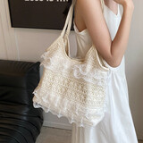 梵昇昱托特包包夏季休闲度假海边仙气蕾丝网纱腋下单肩女包大容量通勤包 蕾丝单肩包