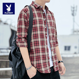 花花公子（PLAYBOY）长袖格子衬衫男宽松韩版夏季薄款工装衬衣男士休闲上衣服外套男装 CS122红色 XL