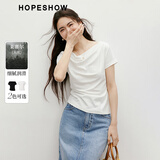 红袖小众别致上衣2025夏季新款女装不对称抽褶正肩一字荡领天丝短袖t 本白001 M