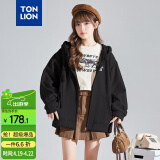 唐狮（TonLion）2025针织外套女休闲卫衣开衫连帽上衣 加绒款/黑色 XL